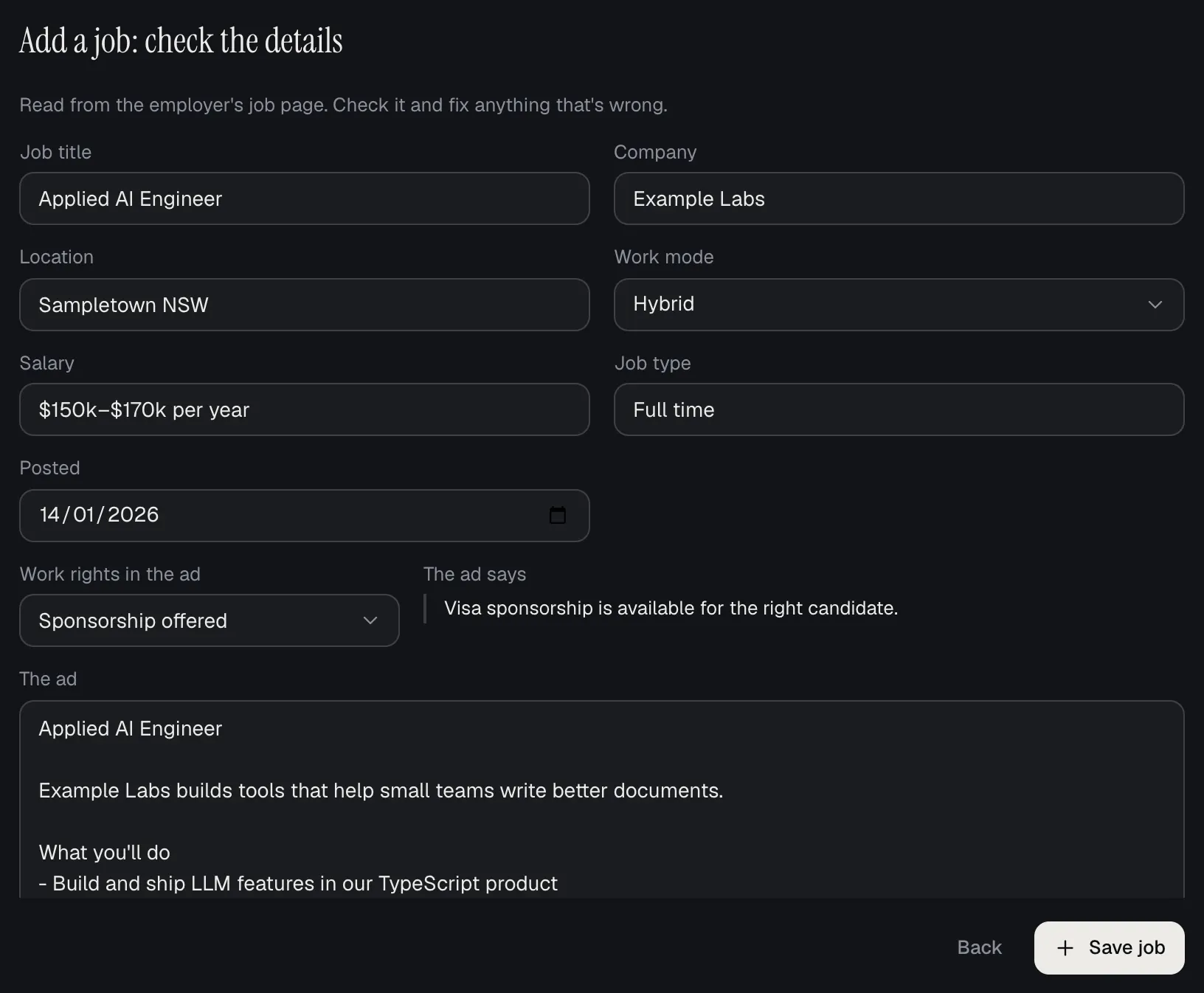 The Add a job dialog after reading an ad: title Applied AI Engineer, company Example Labs, location, hybrid work, a salary range, full time, and work rights marked Sponsorship offered with the ad's sentence quoted.