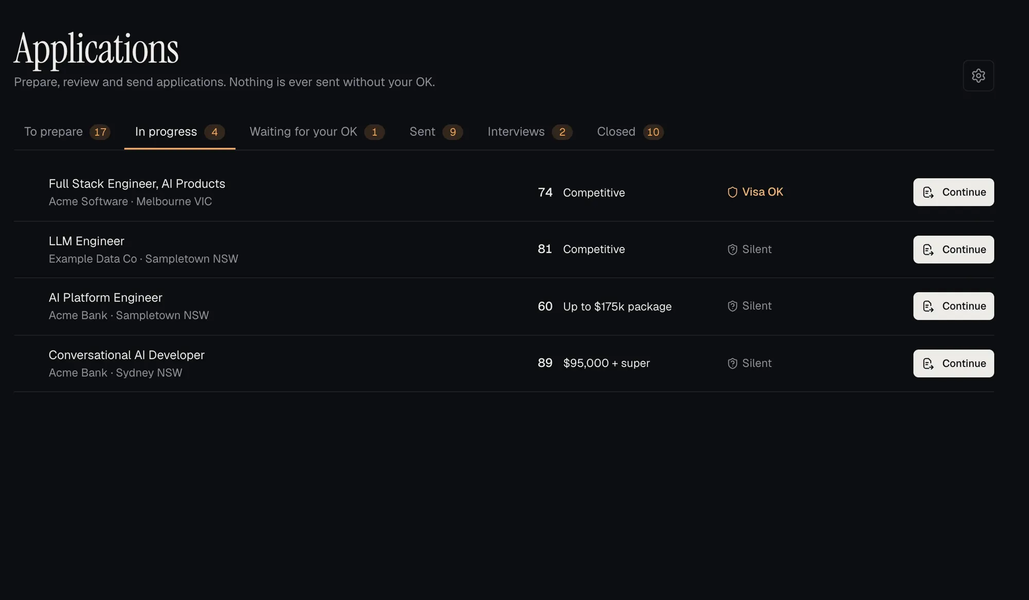 The Applications screen with tabs for To prepare, In progress, Waiting for your OK, Sent, Interviews and Closed.