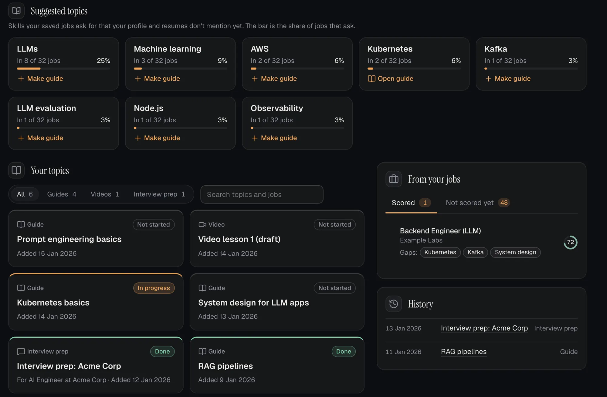 The Learn screen: suggested topics such as LLMs and Kubernetes with the share of jobs that ask for each, and study guides with progress.