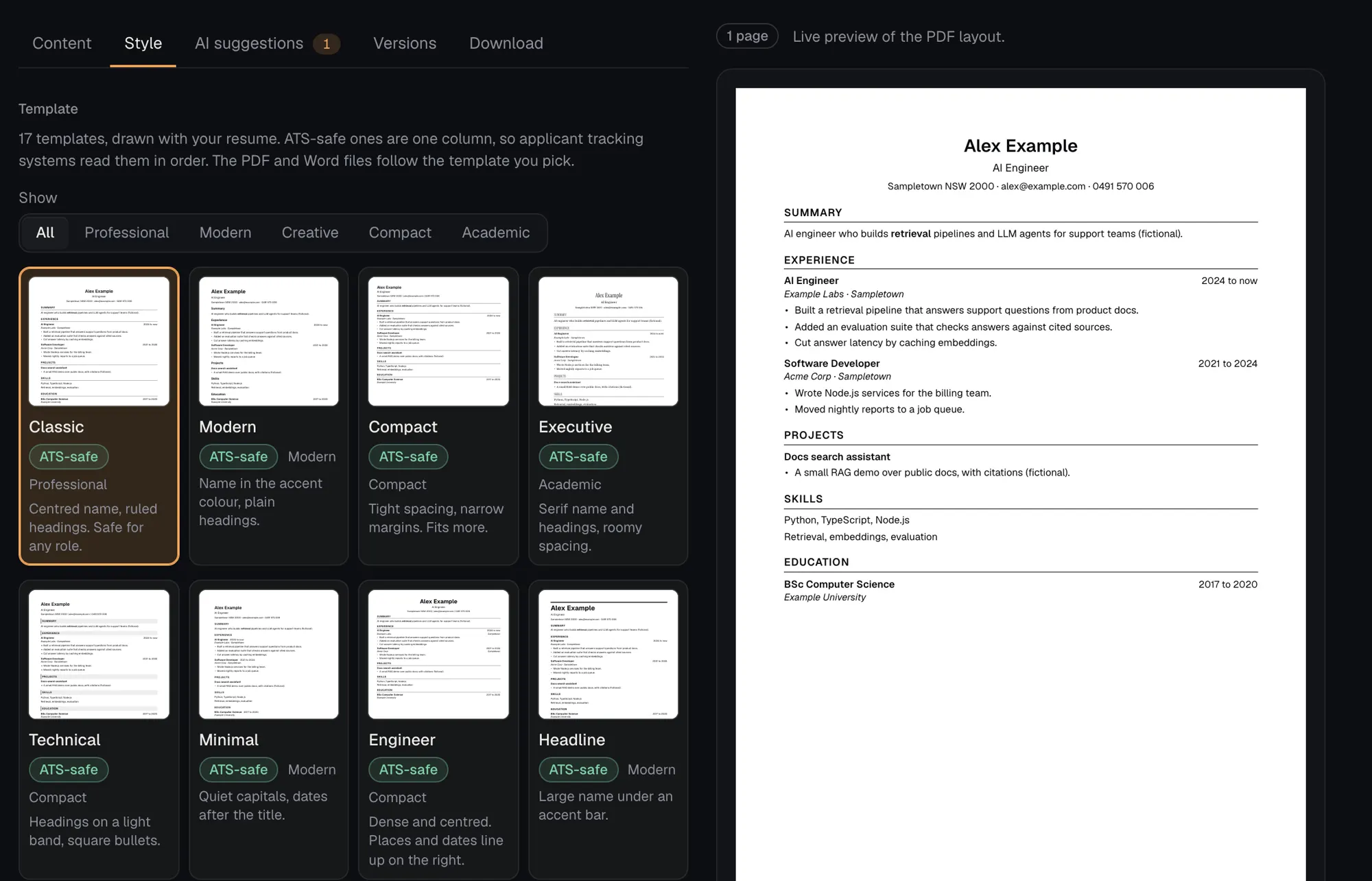 The resume editor's Style tab: a grid of resume templates marked ATS-safe, beside a live preview of the resume page.